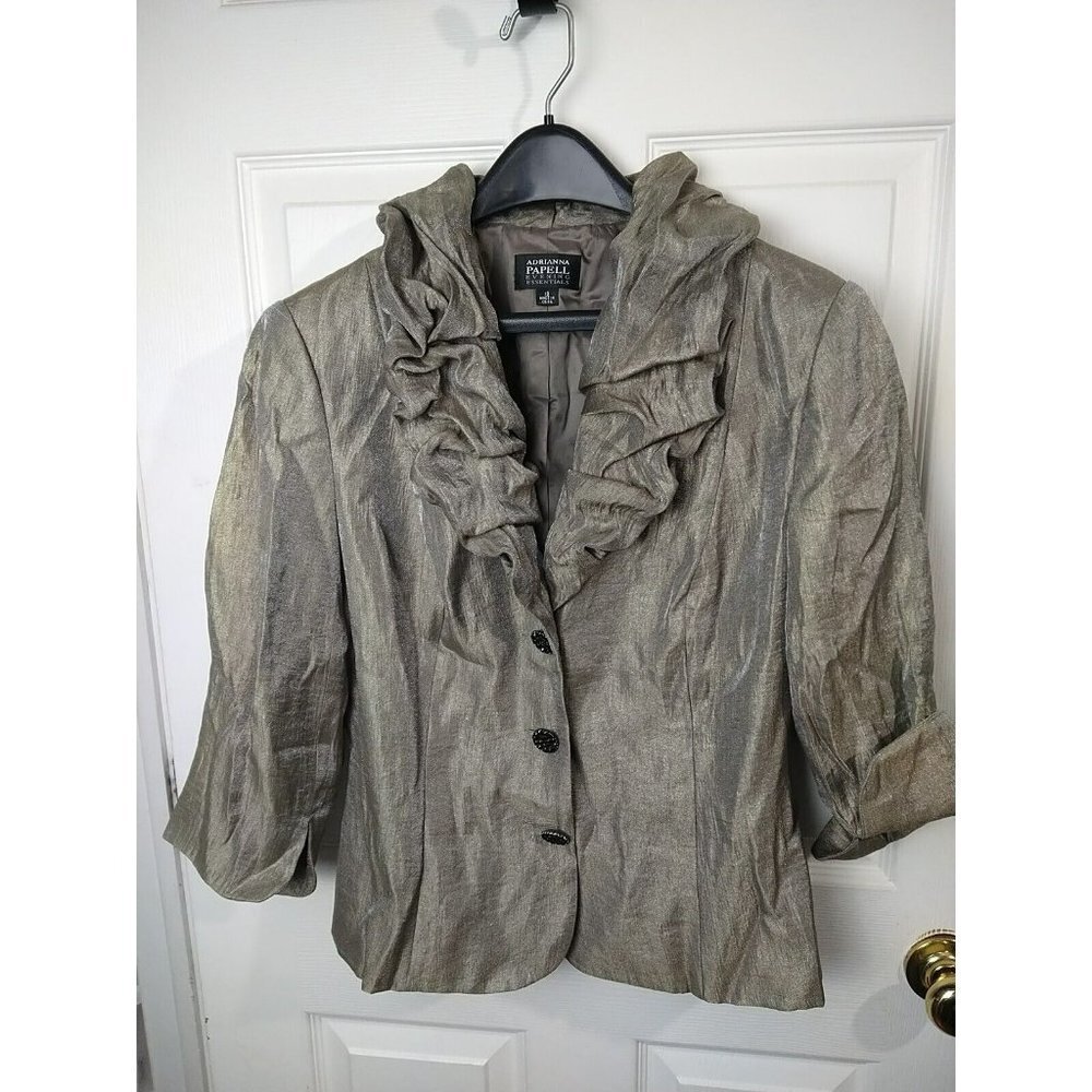 Adrianna Panel Evening Essentials Metallic Taupe Runched Collar Timeless Jacket.
